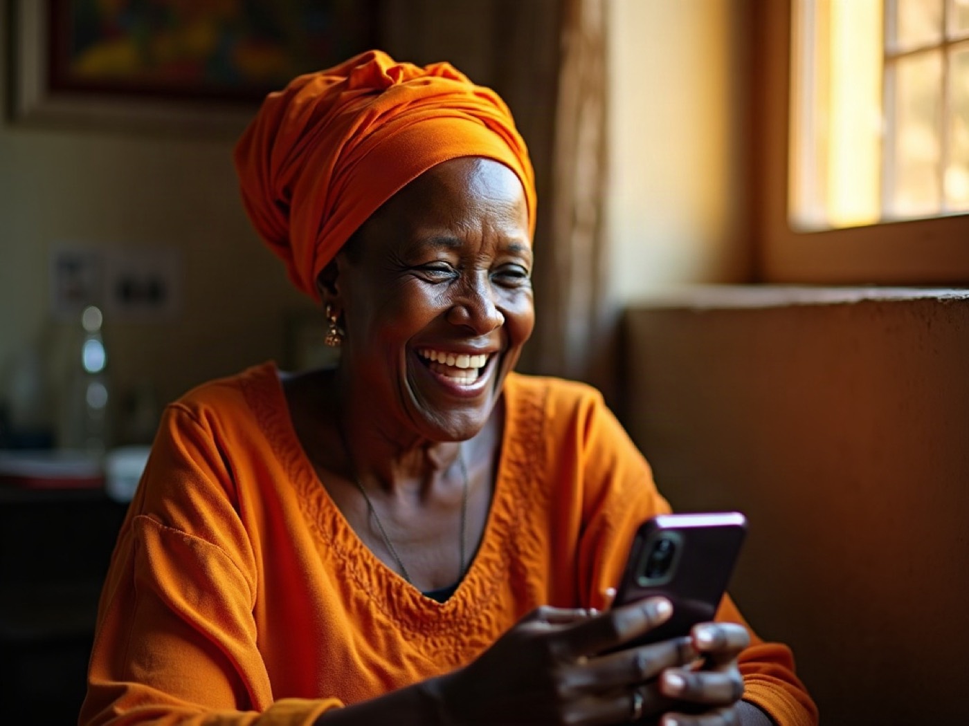 A woman laughing at her phone in Accra