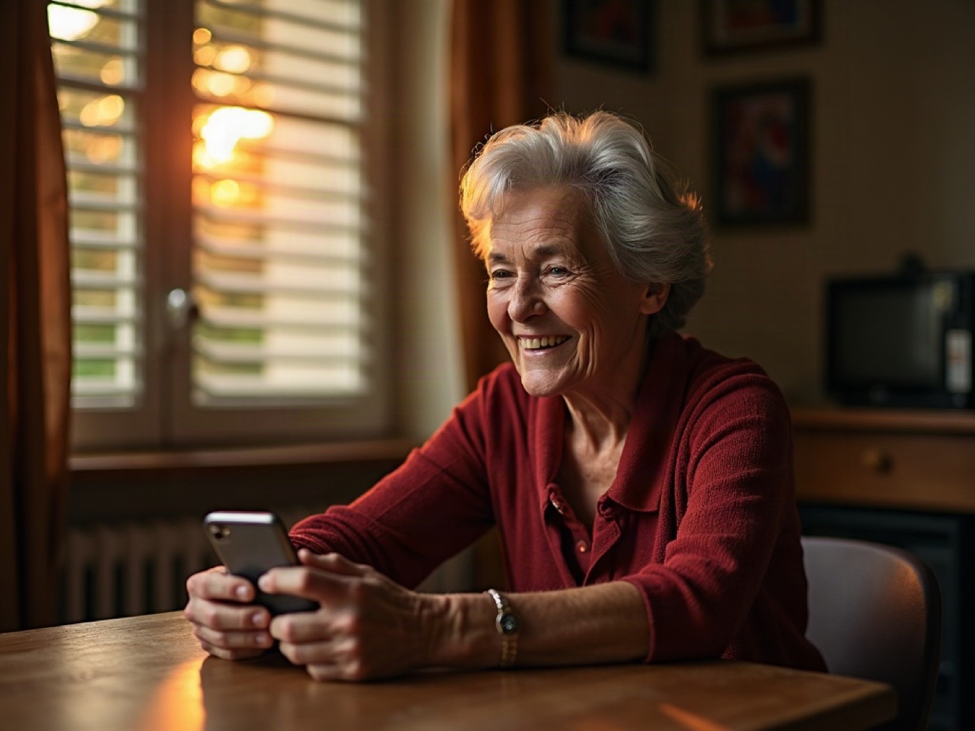A woman smiling at her phone in Lyon