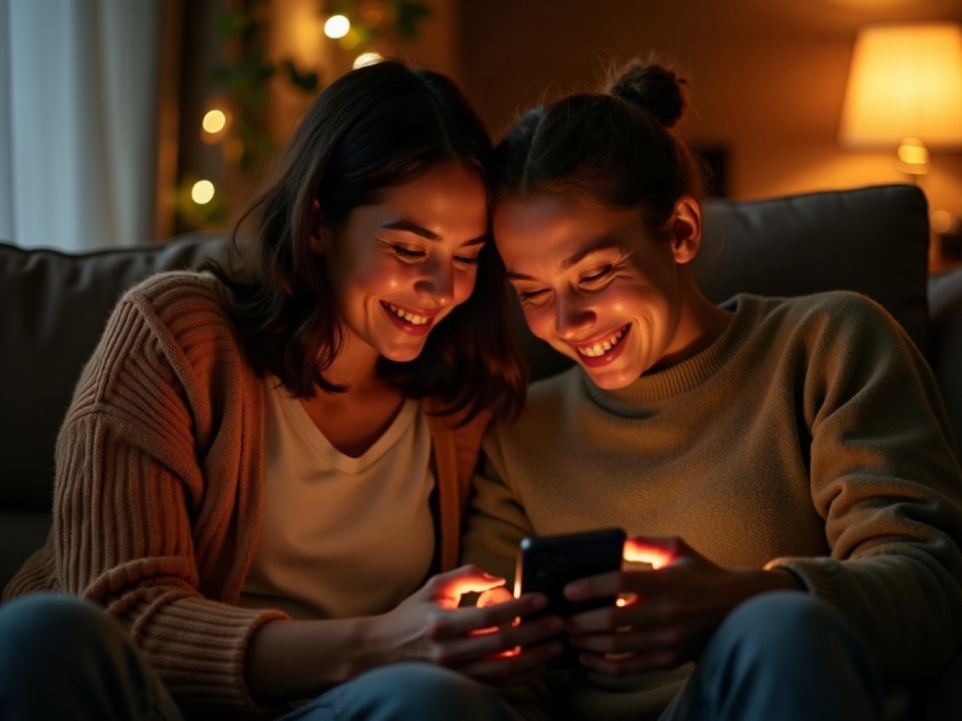 Two people laughing over one phone